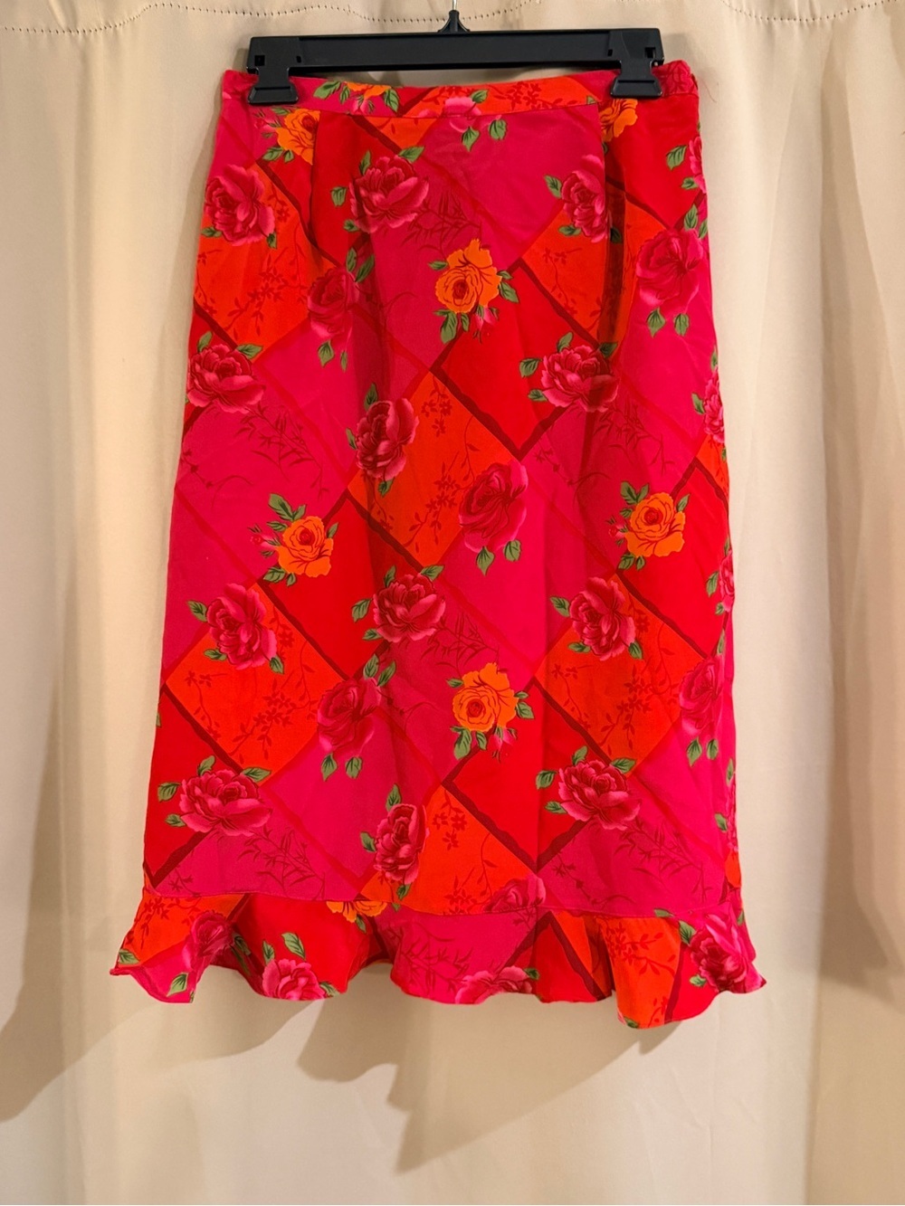 Notations Floral Red Ruffle-Hem Midi Skirt